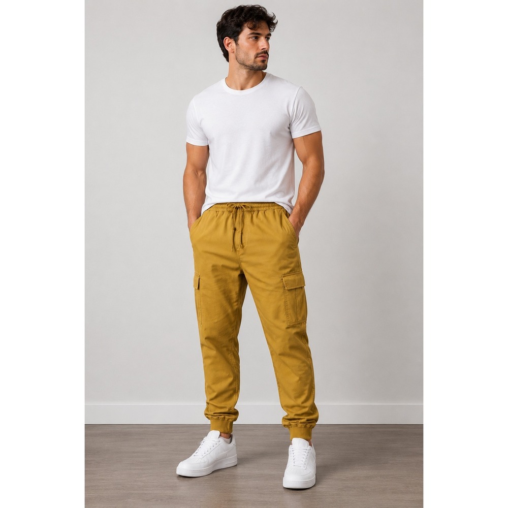 Oliveera Men Mustard Cargo Jogger Pants XXL Elastic Waist Streetwear Utility NWT